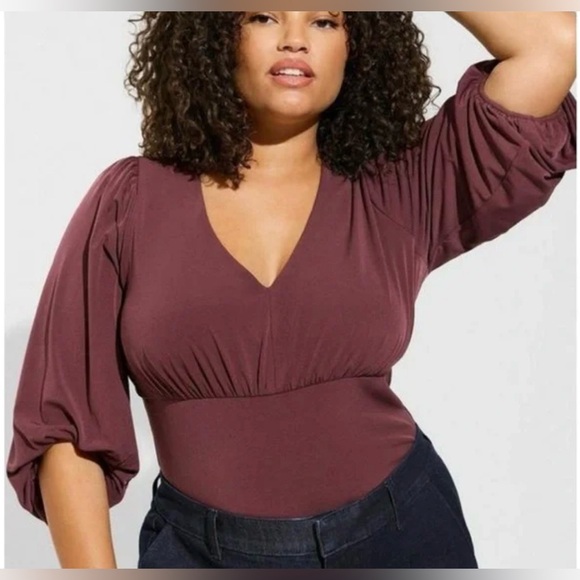 torrid Tops - Torrid Studio Knit V-Neck Quarter Sleeve Shirred Top Sassafras Plus Size 3X